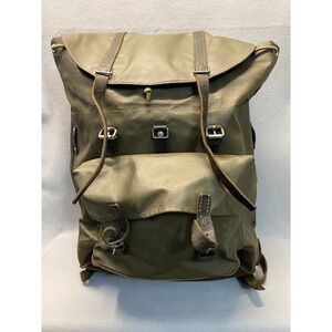 Vintage Swiss Military Rubberized Canvas Rucksack Backpack Olive Drab Leather
